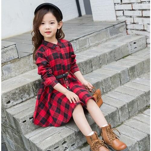 3-9 Years Kids Dress Fashion Korean Plaid Long Sleeve Dress High Quality Kids Clothing Lapel Single Breasted Girl Shirt Dress