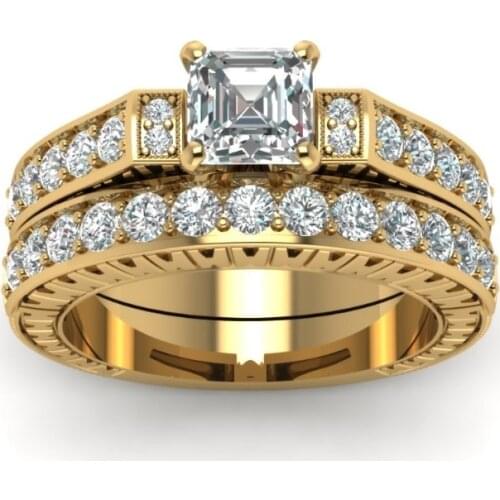 FDLK 2 pcs/set Square White Crystal Ring Anniversary Proposal Jewelry Bride Wedding Engagement Ring Set Size 5 - 12