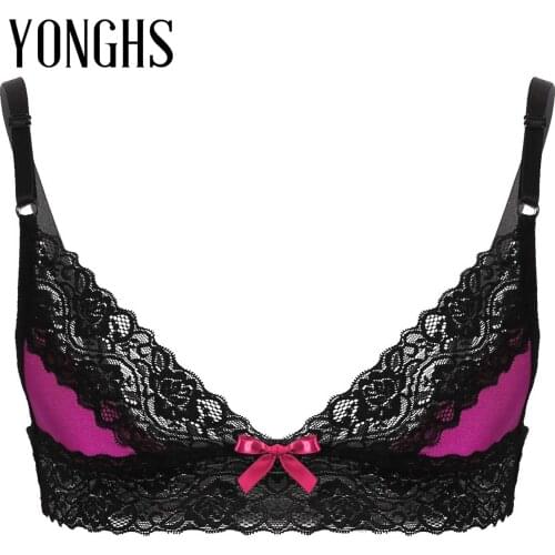 Mens Erotic Sissy Lingerie Sex Bra Top Adjustable Spaghetti Shoulder Straps Floral Lace Trim Wire-free Unlined Hot Sexy Bra Tops