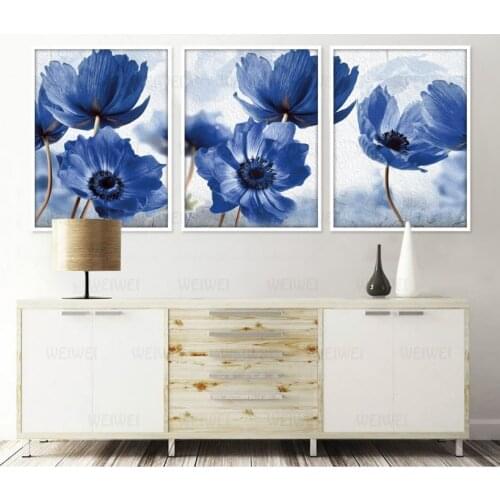 Nordic Simole Blue Flowers 3 Pieces Decorative Paintings Wall Art Print Picture Canvas Painting Poster For Living Room No Framed