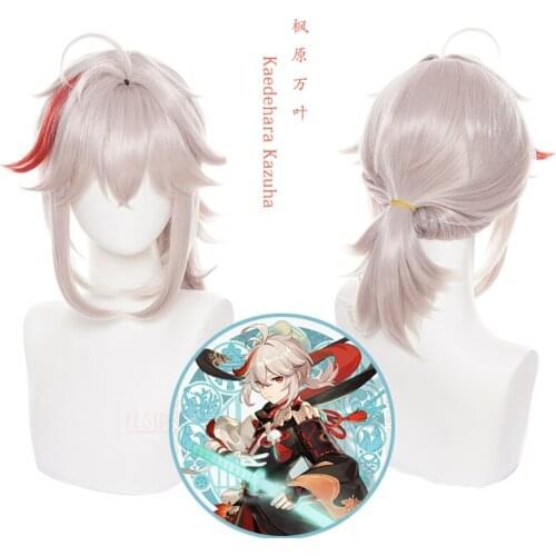 Game Genshin Impact Cosplay Kaedehara Kazuha Wig Anime Short White Wig Heat Resistant Fiber Hair Wig Cap Halloween Party Adults