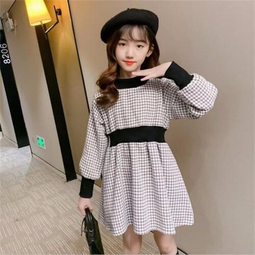 Girls Houndstooth Dress 2020 New Autumn Teens Kids Princess Elegant Dresses for Children Clothes 3-12Y