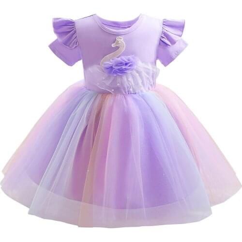 3-10 Years Girls Swan Puffy Mesh Dress Rainbow Princess Girls Birthday Party Dress Children Formal Evening Perform Costume