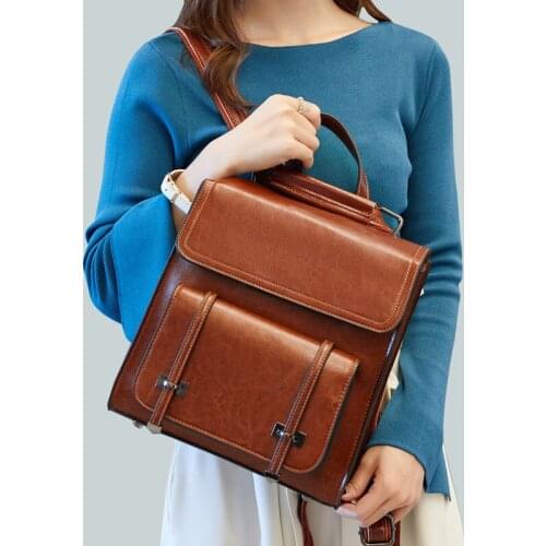Backpack New Fashion Oil Wax Cowhide Womens Backpack Can Be Handled Or Shoulder Leather Womens Bag sh110001