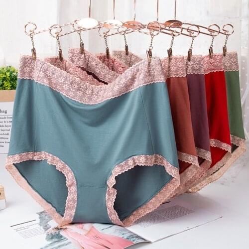 Womens Cotton Panties Large Sizes with High Waist Sexy Thin Modal Cotton Briefs New Seamless Lace Female Underwear Plus Size