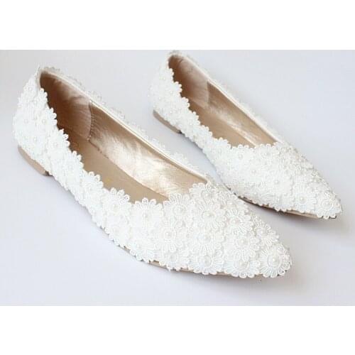 Womens shoes lace Applique upper white Pointed toe casual low heels princess shoes wedding shoes fashionable shoegi