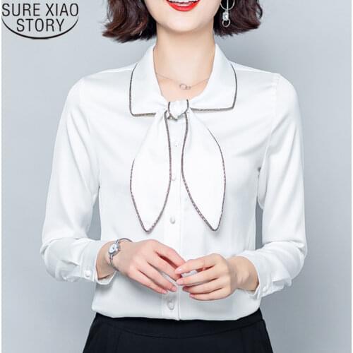 2021 Autumn Office Lady Fashion Bow Shirts Solid Long Sleeve Shirt Plus Size 4XL Loose Silk Shirts Casual Blouses Blusas 10565