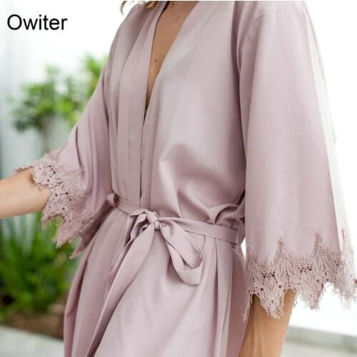 Owiter 2019 New Women Matt Satin Lace Robe with Trim Bridal Wedding Robe Bride Bridesmaid Kimono Robes Bathrobe Sleepwear