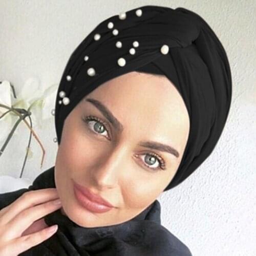 Women Turban Inner Hijabs Spring Autumn Women Scarf Elegant Ladies Beanie Hat Muslim Fashion Beads Decoration Hat One Size 2021