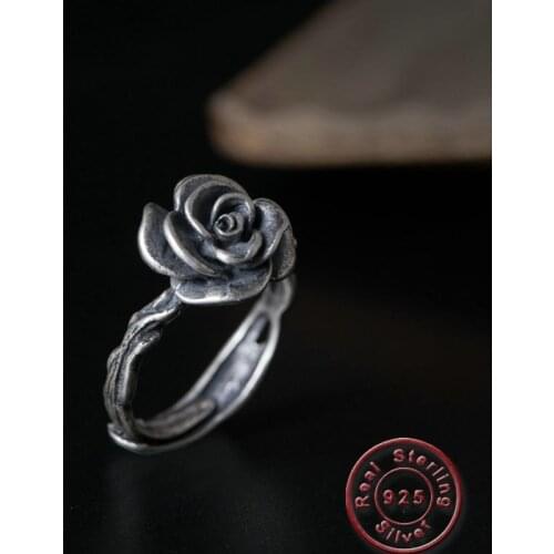 Amxiu Vintage Rose Flower Rings Bijoux Antique Silver Open Ring Accessories 925 Sterling Silver Jewelry For Women Mother Gift