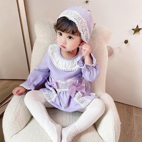 2Pcs Baby Purple Rompers Toddler Girls 1st Birthday Party Outfits Infant Vintage Jumpsuit Newborn Bow Lace Rompers with Hat