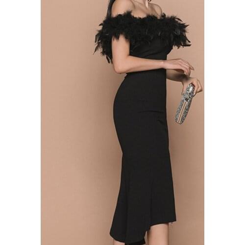 BacklakeGirls 2021 New Arrival Off Shoulder Boat Neck Mermaid Cocktail Dress Feather Collar Backless Evening Party Bodycon Dress