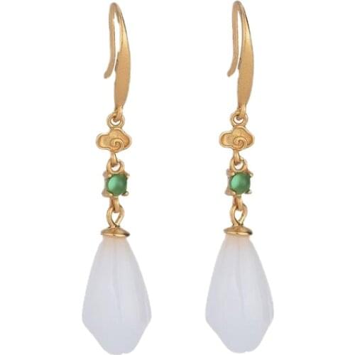 White Jade Flower Earrings Gemstone Crystal Charm Fashion 925 Silver Gifts Jewelry Zircon Natural Chalcedony Women Amulet