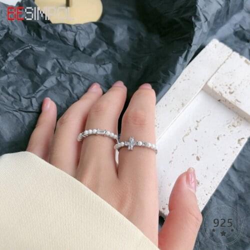 Besimpol Celebrity Style 925 Sterling Silver Pearl Ring Elegant Party Zircon Cross Rings For Women Fashion Fine Jewelry Gifts