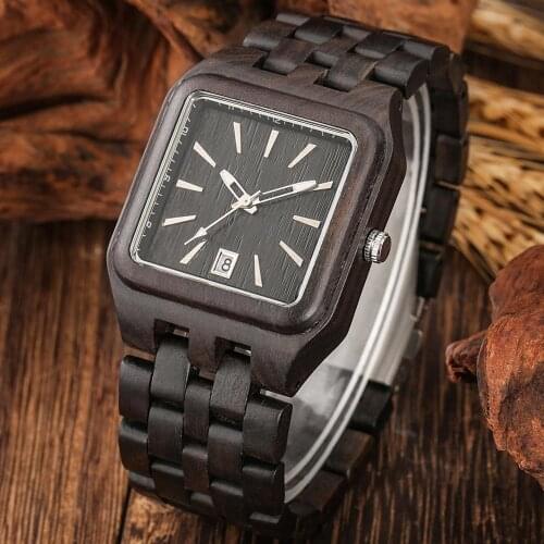 Unique Rectangle Ebony Wooden Watch Mens Date Dial Watch Wooden Band Clock Male Sports Retro Quartz Wristwatch Relojes Hombre