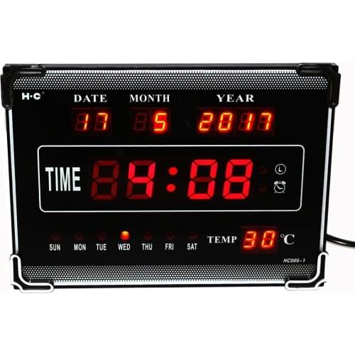 Hourly Chime LED Digital Wall Clock with Calendar Week Date Temperature Desktop Electric Alarm Clock Home Decoration Red