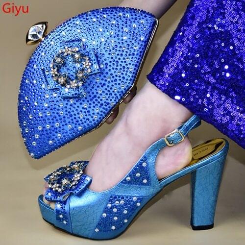 Doershow hot selling Shoes and Bag Set African Sets 2019 blue Color Italian Shoe Bag Set Decorated with Rhinestone!SSTY1-9