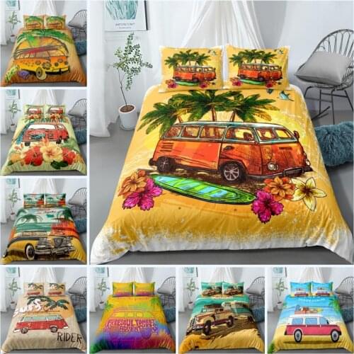 Summer Surf Bus Duvet Cover Set Happy Travel Bedding Set Soft Microfiber Bright Colors Printing Quilt Cover with Pillow 3pcs