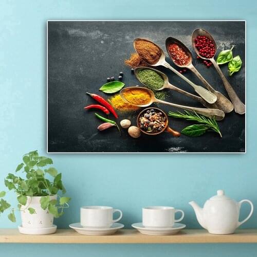 Spoon Grains Spices Canvas Painting Green Plant Posters and Prints Scandinavian Wall Art Food Picture for Kitchen Room Decor