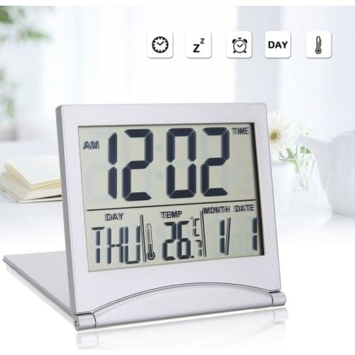 Mini Folding LCD Digital Alarm Clock Desk Table Weather Station Desk Clock Temperature Snooze Function for Travel Bedside
