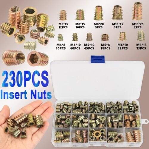 230PCS Assorted Flanged Hex Drive Head Furniture Nuts M4 M6 M8 M10 Zinc alloyl Thread For Wood Insert Nut