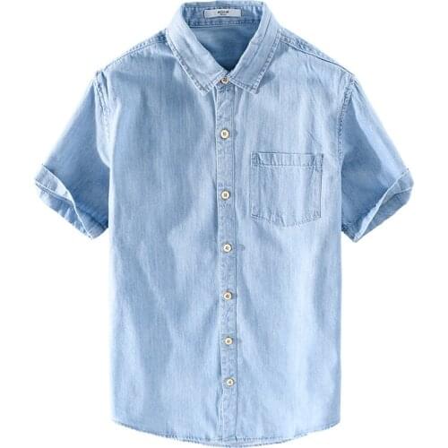 2021 Summer New Cotton Short-sleeved Mens Denim Shirt Classic All-match Blue Cowboy Simple Shirt Male Korean Style Slim Tops