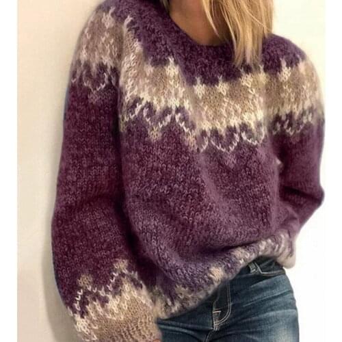 Autumn O-neck Knitted Sweater New Oversized Sweater Loose Jumpers Women Vintage Patchwork Long Sleeve Pullovers 2021 Tops Female