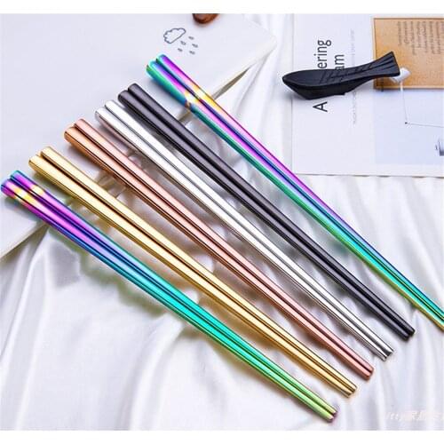Stainless Steel Chopsticks Tableware Gold Plated Colorful Electroplated Titanium Gold Square Reusable Portable Dishware 1Pair