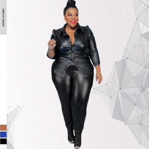 Sexy Plus Size Women Clothing Temperament Commuter Personality Street Wear Pure Color Leather Pants Sets Wholesale Dropshipping