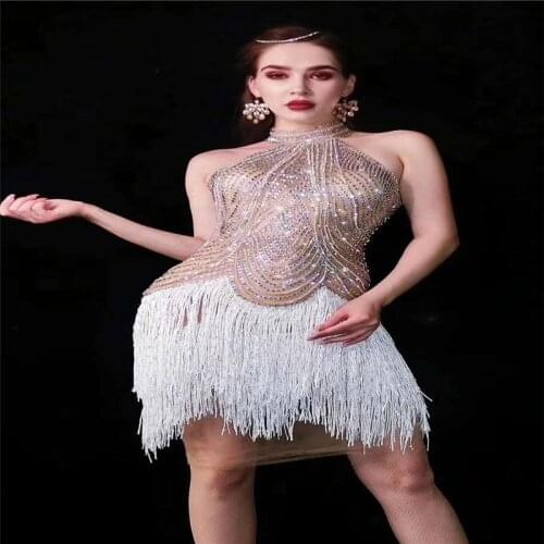V9 Ballroom dance latin rhinestones tassel dress crystal skirt elastic sleeveless outfit perform stage costume pole dance dress