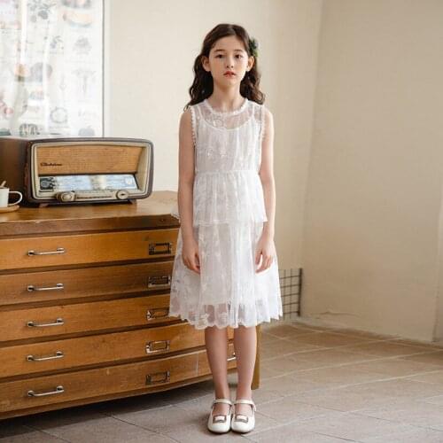 2021 Summer Dress Elegant White Lace Kids Dresses for Girl Clothes Mesh Princess Dress Childrens Clothing 4 6 8 10 12 14 Yrs
