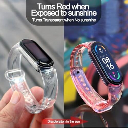 Discoloration Watch Band For Xiaomi Mi Band 3 4 5 6 Silicone Transparent Strap Color changing by light Replacement Wristband