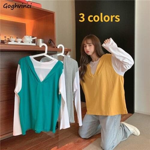 With Hat Hoodies Women Vintage Fake Two-pieces Patchwork Hooded Sweatshirts Womens Ins Leisure Autumn Tops Fashion Chic Harajuku