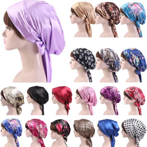 New Women Satin Night Cap Bowknot Sleep Hat Silk Chemo Caps Cancer Hats Long Tail Hair Bonnet Head Scarf Wrap Bandana Shower Cap