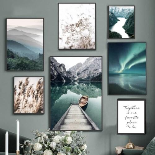 Nordic Green Plants Mountains Rivers Canvas Painting Natural Landscape Art Posters Aurora Reed Forest Elk Pictures Home Decor