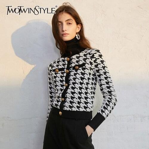 TWOTWINSTYLE Plaid Vintage Sweater For Women Turtleneck Long Sleeve Slim Short Knitted Pullovers Female Fashion Clothing 2020