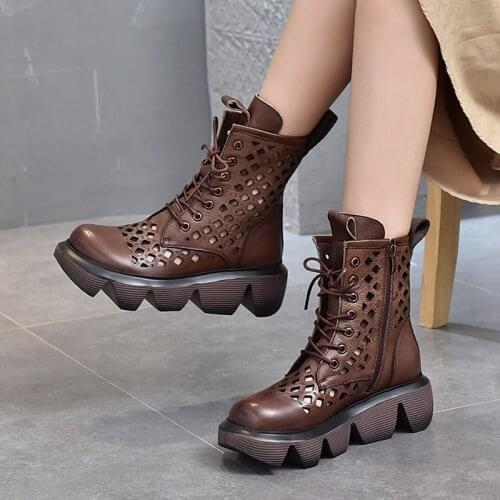 Spring/Summer 2021 Hollow Single Boots Platform Platform With Lace-Up Martin Boots High-Heel Round Toe Leather Hole Sandals