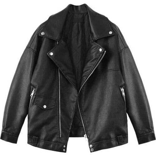 Female 2019 Spring Autumn PU Leather Jacket Women Faux Soft Leather Coat Loose Lapel Black Rivet Zipper Motorcycle Jackets W542