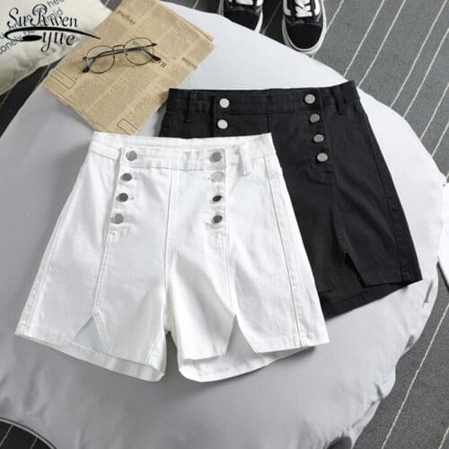 2021 Casual Black White Shorts Korean Button loose Short Jeans Shorts Vintage Summer High Waist Denim Shorts Women Female 10251