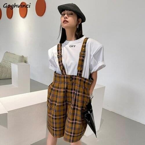 Rompers Women Plaid Baggy Harajuku Retro All-match High Waist Summer Stylish Ins Korean Street BF Style Casual Wide Leg Trosuer