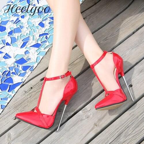 Heelgoo 16cm Extremely High Metal Heel Women Patent T-strap Stiletto Pumps Sexy Ladies Plain Pointy Toe Party Shoes Size 44 45