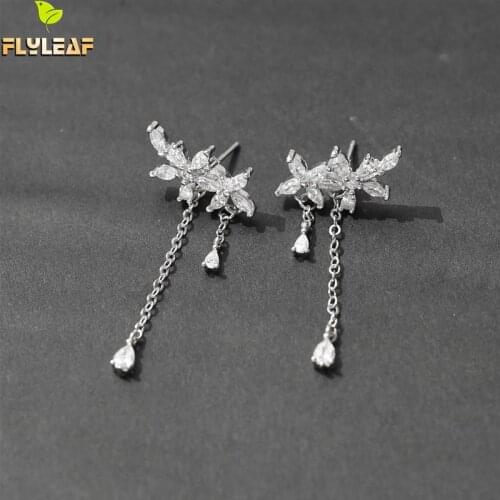 Drop Earrings For Women Real 925 Sterling Silver Fine Jewelry Tassel Flowers Cubic Zirconia Earings Fashion Jewelry Wedding