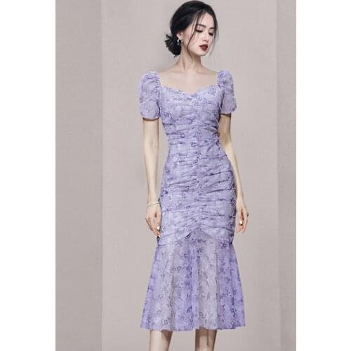 Casual Floral Printed Chiffon Drawstring Women Summer Square Collar Puff Sleeve Pleated Slim Mermaid Dress Vestidos Femme