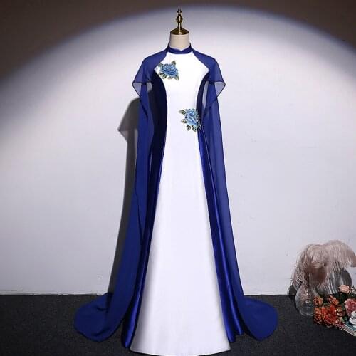 High Neck Evening Dress Short Sleeves Flowers Embroidery A-Line Elegant Pleat New Floor-Length Party Formal Dresses Woman B1061