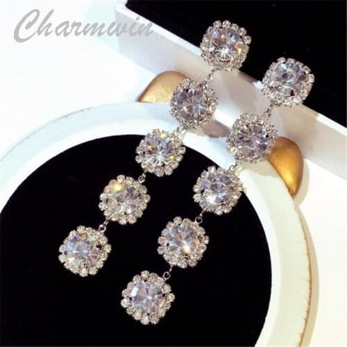 Charmwin New Fashion Long Earrings Women Dangle Earrings Exaggerated Luxury Cubic Zirconia Dorp Earrings Female PE1706