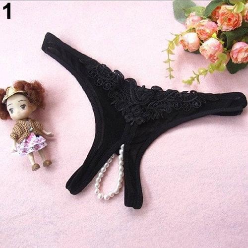 Hot Sexy Women Crotchless Faux Pearl Decor Thong Panties Open Crotch Underwear
