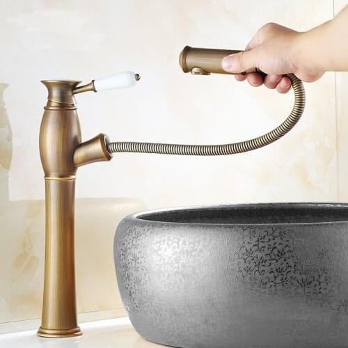 Copper pulling style kitchen sink faucet vintage , European antique brass bathroom stretched basin faucet mixer hot and cold