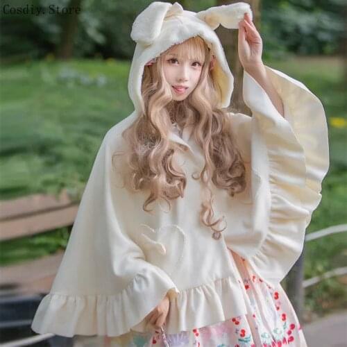 Winter Tweed Gothic Shawl Cloak Hooded Fur Cape Lolita Women Sweet Bunny Poncho Coat Outwear Cute Warm Outfit For Preppy