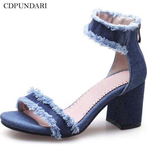 CDPUNDARI Fashion Denim Women High heel Sandals Ankle zipper sandals summer shoes woman sandalias mujer