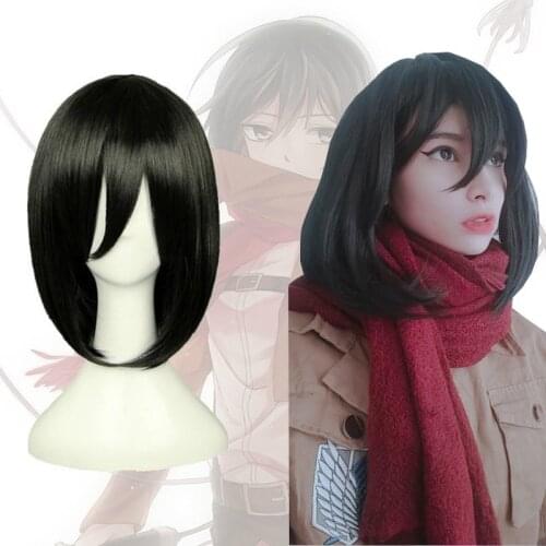Attack on Titan Wig Mikasa Ackerman Short Bob Black Heat Resistant Cosplay Wig Costume Red Scarf New